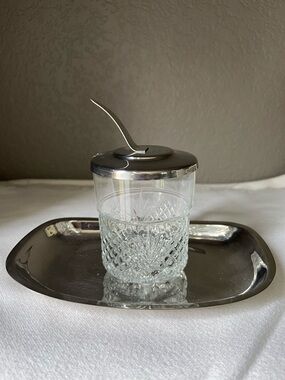 Condiment Jar, KIG, Wexford Glass Jam / Jelly Jar with Metal Lid and Tray vintag